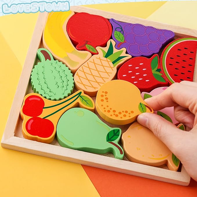 LovesTown 12PCS Fruit Shape Puzzles, Educational Toy Wooden Chunky Jigsaw Puzzles for Gift