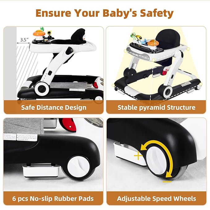 5-in-1 Baby Walker with Wheels, Baby Walkers for Boys Girls 6-18 Months, Foldable Adjustable Walker with Bouncer, Feeding Tray, Music & Detachable Footrest(Black)