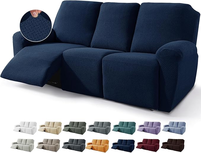 JIVINER 8-Piece Recliner Sofa Covers Stretch Jacquard Couch Covers for Recliner Slipcovers for Living Room 3 Cushion Soft Recliner Protector with Pocket (Sofa Recliner, Navy Blue)