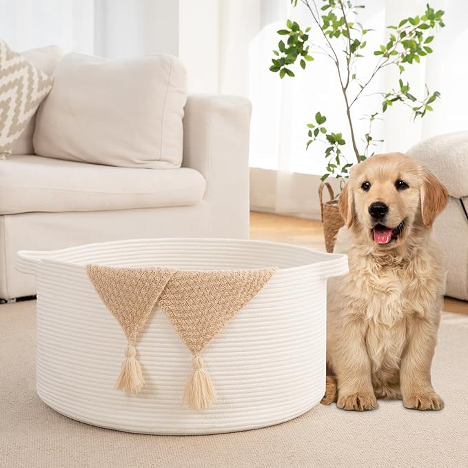 OIAHOMY 90L Blanket Basket for Living Room, Large Basket 23" x 23" x 13" with Handle, Laundry Hamper for Blankets, Pillows, Toy Storage for Kids, Dogs - White
