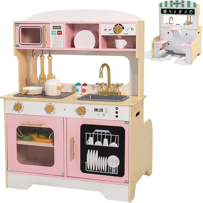 Garsing Toy Kitchen Playset with Real Sounds and Lights, Double Sided Kids Kitchen Playset with Restaurant, Wooden Play Kitchen with Cutting Food Set and Cooking Accessories for Kids Ages 3-8, Pink