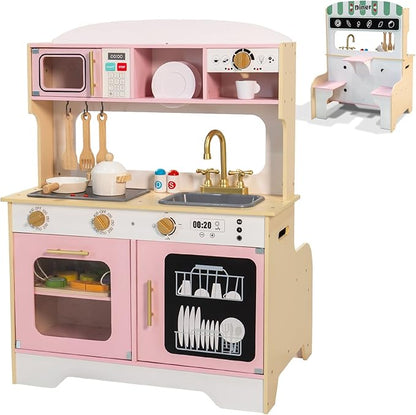 Garsing Toy Kitchen Playset with Real Sounds and Lights, Double Sided Kids Kitchen Playset with Restaurant, Wooden Play Kitchen with Cutting Food Set and Cooking Accessories for Kids Ages 3-8, Pink