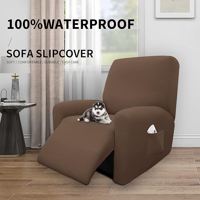 Easy-Going 100% Dual Waterproof Recliner Cover Stretch Soft Couch Cover for Dogs, Sofa Slipcover for Recliner Couch Leakproof Furniture Protector for Kids, Pets Brown