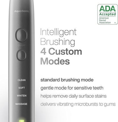 Aquasonic Vibe Series Ultra-Whitening Toothbrush – ADA Accepted Electric Toothbrush - 8 Brush Heads & Travel Case – 40,000 VPM Motor & Wireless Charging - 4 Modes w Smart Timer – Charcoal Metallic