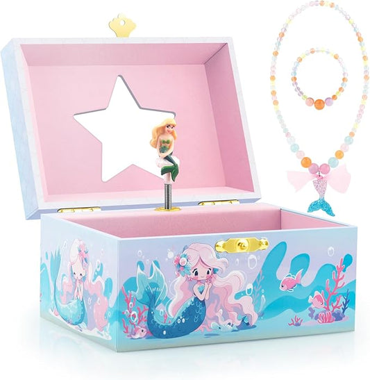 RR ROUND RICH DESIGN Kids Musical Jewelry Box for Girls Include Pretty Jewelry Set with Cute Mermaid Theme - Beautiful Dream Tune Blue