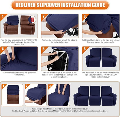 VANSOFY Recliner Cover, 3-Pieces Stretch Reclining Couch Covers with Pockets Reclining Sofa Slipcovers 3 Seater Soft Washable Furniture Protector for Dogs Cats(Navy Blue)
