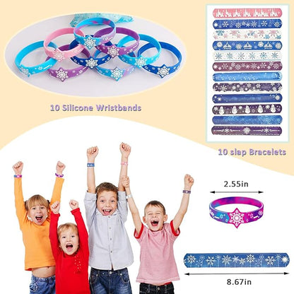 132Pcs Snowflake Party Favors Set Birthday Party Supplies Include 12 Bracelets, 10 Keychain, 10 snowflake squishies,10 wristbands,10 Hair accessories,10 straws,10 Bubble,50 Stickers and 10 Gift bags