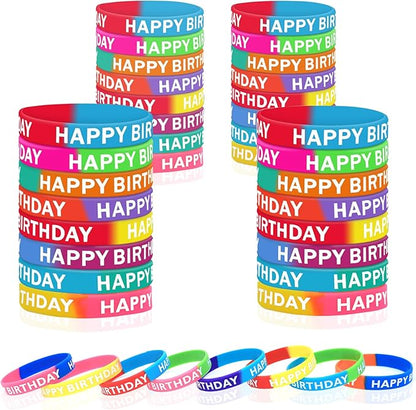 48 Pieces Rubber Bracelets for Happy Birthday Gift Silicone Stretch Wristbands Colored Silicone Bracelets for Birthday Party Supplies (Mixed)