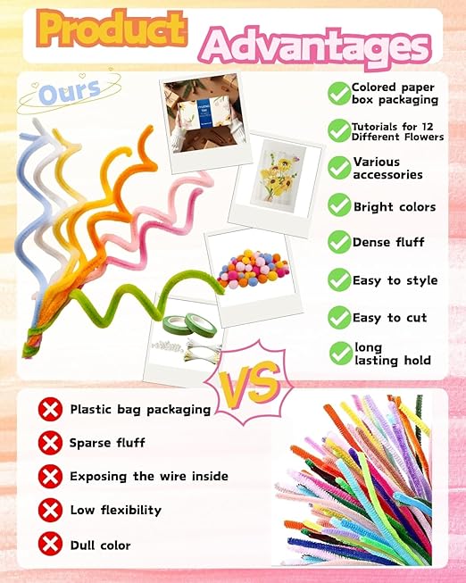 500 Pcs Dopamine Colors Pipe Cleaners Flower kit,Chenille Stems for DIY Art Projects Creative Gift,Pipe Cleaners Craft with tutoria,Pearls,Pompoms,Green Floral Wires,Gardening Tape,Stamen