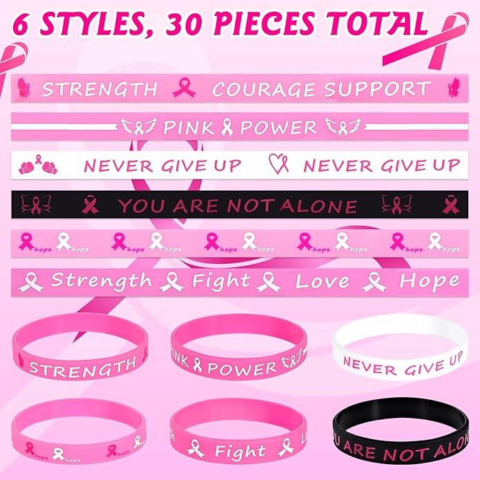 Pink Ribbon Breast Cancer Bracelets - 30 PCS Rubber Bracelet Party Favors Supplies Inspiring Silicone Wristbands with Hope Strength Breast Cancer Awareness Accessories Survivor Gifts for Women Girls