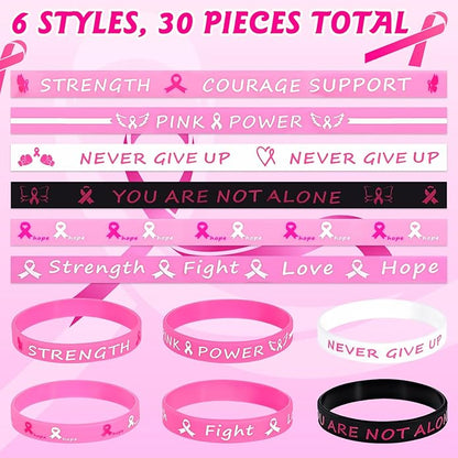 Pink Ribbon Breast Cancer Bracelets - 30 PCS Rubber Bracelet Party Favors Supplies Inspiring Silicone Wristbands with Hope Strength Breast Cancer Awareness Accessories Survivor Gifts for Women Girls