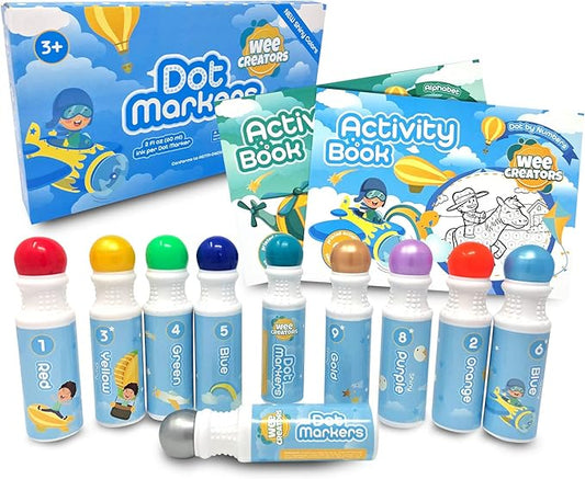 Washable Dot Markers for Kids with 2 Educational Activity Books | 10 Color Set (Boys)