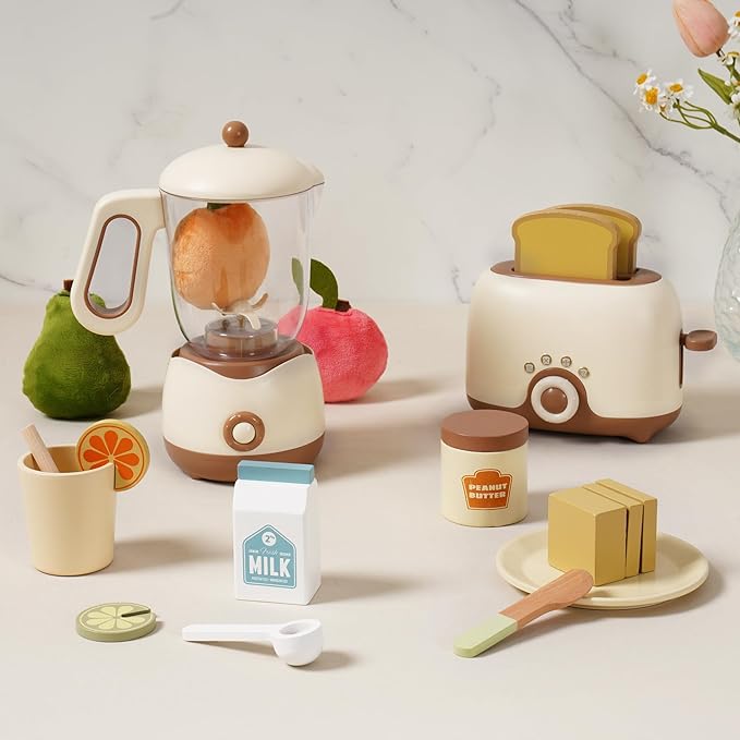 ROBOTIME Kids Toy Kitchen Set - Wooden Play Kitchen Appliances with Toaster, Blender with Realistic Sounds, Play Kitchen Accessories Toy Food Set for Kids - Kitchen Playset for Toddlers(2-Set)