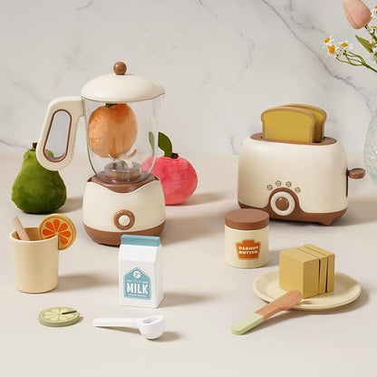 ROBOTIME Kids Toy Kitchen Set - Wooden Play Kitchen Appliances with Toaster, Blender with Realistic Sounds, Play Kitchen Accessories Toy Food Set for Kids - Kitchen Playset for Toddlers(2-Set)