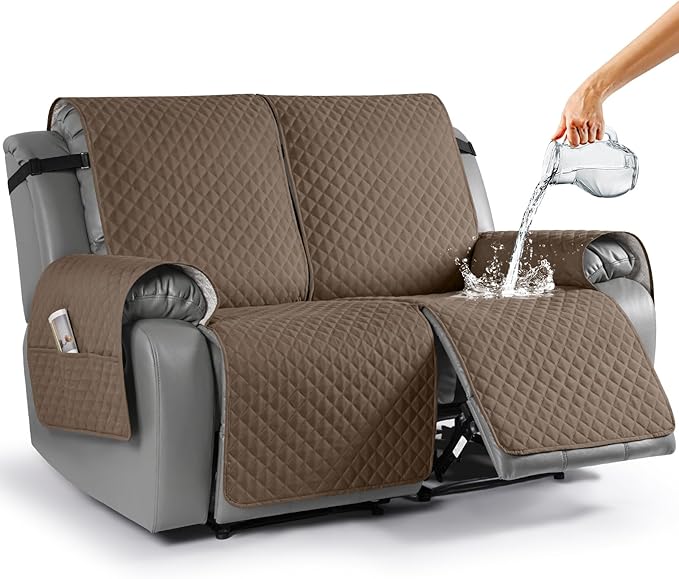 TAOCOCO Waterproof Recliner Loveseat Cover Non-Slip Sofa Slipcover, Pet Couch Cover for Loveseat Recliner with Straps, Washable Reclining Loveseat Cover Furniture Protector (2 Seater, Brown)
