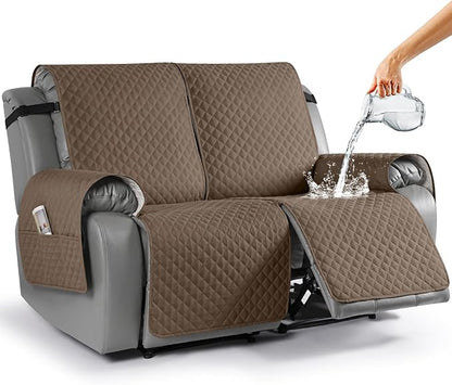 TAOCOCO Waterproof Recliner Loveseat Cover Non-Slip Sofa Slipcover, Pet Couch Cover for Loveseat Recliner with Straps, Washable Reclining Loveseat Cover Furniture Protector (2 Seater, Brown)