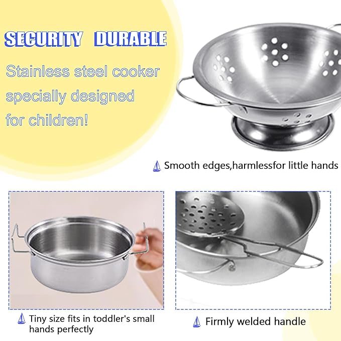 Tiny Size Cooking Pretend Play Kitchen Cooking Toys with Stainless Steel Cookware Play Pots and Pans Set，Cooking Utensils Cookware Kitchen Play Accessories Toys Cooking Pots for Toddlers Kids(Mini)