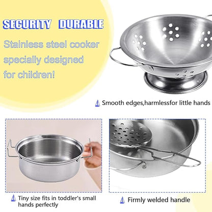Tiny Size Cooking Pretend Play Kitchen Cooking Toys with Stainless Steel Cookware Play Pots and Pans Set，Cooking Utensils Cookware Kitchen Play Accessories Toys Cooking Pots for Toddlers Kids(Mini)
