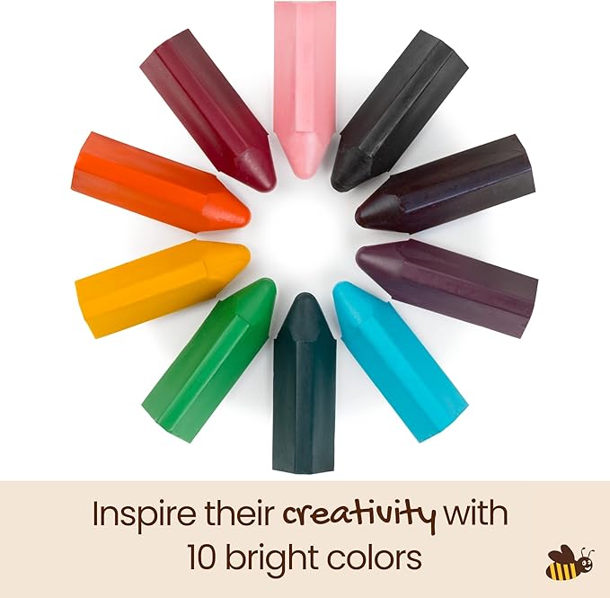 Honeysticks Triangular Crayons (10 Pack) - 100% Pure Beeswax, Food Grade Colors, Non Toxic Crayons for Baby, Toddlers ages 1-3,2-4, Triangle Shape for Pencil Grip Development. Handmade in New Zealand