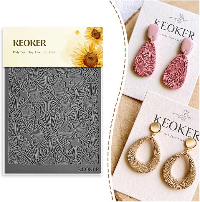 KEOKER Polymer Clay Texture Sheets, Clay Texture Mat for Making Earrings Jewerly, Polymer Clay Earrings Tools (Flower A)