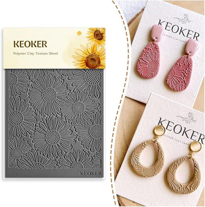KEOKER Polymer Clay Texture Sheets, Clay Texture Mat for Making Earrings Jewerly, Polymer Clay Earrings Tools (Flower A)