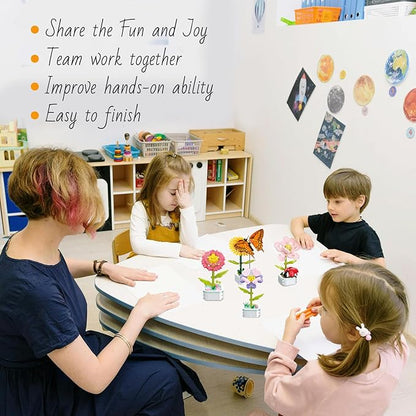 Flower Bouquet Building Set with Base, Flower Building Set Artificial Plant Flowers Building Blocks for Home Office Decor, Birthday Gifts, Desktop Trinkets Age 6+