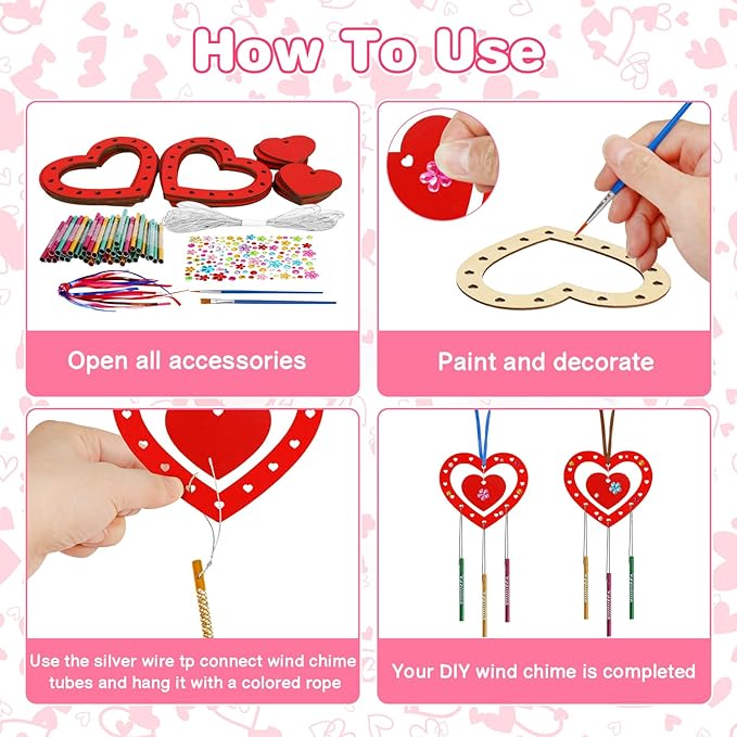Fennoral 9 Pack Heart Wind Chime Kit for Kids Make You Own Red Heart Wind Chimes Valentine's Day Wooden Ornaments for Kids Art and Craft Valentine's Day Gifts Party Decoration