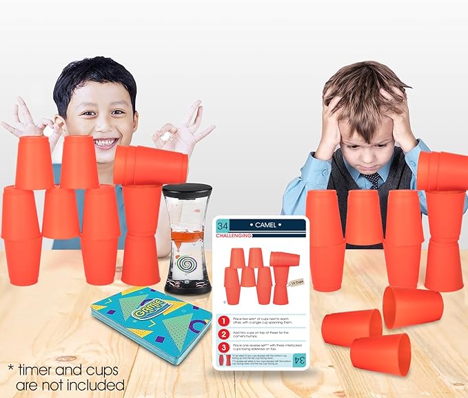 Gamie Challenge Cards for Stacking Cups Game - 40 Additional Cards with Instructions - 20 Medium and 20 High Difficulty Cards for Next Level Fun - Stacking Cups Sold Separately