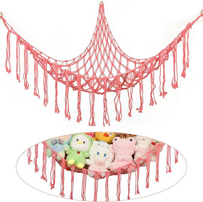 Boho Stuffed Animals Net or Hammock Large,55 inch Toy Hammock Macrame Stuff Animal Storage Corner Hanging Net Holder,Mesh Hammock Plush Toy Organizer with Hooks for Bedroom,Nursery (Pink)