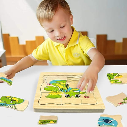 Montessori Wooden Puzzles for Kids Ages 4-8, 4 Layer Life Cycle Jigsaw Puzzle for Toddlers, Children Preschool Learning Educational Puzzles Toys for Boys and Girls (Frog)