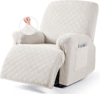 VANSOFY Oversized Recliner Chair Cover, 4-Pieces Stretch Recliner Covers for Recliner Chair Soft Reclining Chair Slipcover Jacquard Pattern Furniture Protector for Dogs Cats(Off White)