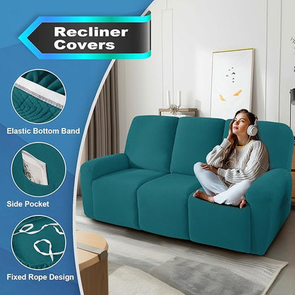 JIVINER 5 Pieces Recliner Sofa Covers Stretch Recliner Sofa Slipcover with Elastic Bottom Jacquard Fitted Reclining 3 Cushion Couch Cover Furniture Protector with Pockets (3 Seater, Teal)