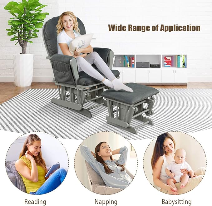 Costzon Nursery Glider with Ottoman, Upholstered Comfort Glider Rocker with Padded Cushion, Storage Pocket, Solid Wood Base, Rocking Chair Nursery for Breastfeeding, Maternity, Napping (Dark Gray)