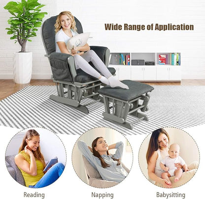 Costzon Nursery Glider with Ottoman, Upholstered Comfort Glider Rocker with Padded Cushion, Storage Pocket, Solid Wood Base, Rocking Chair Nursery for Breastfeeding, Maternity, Napping (Dark Gray)