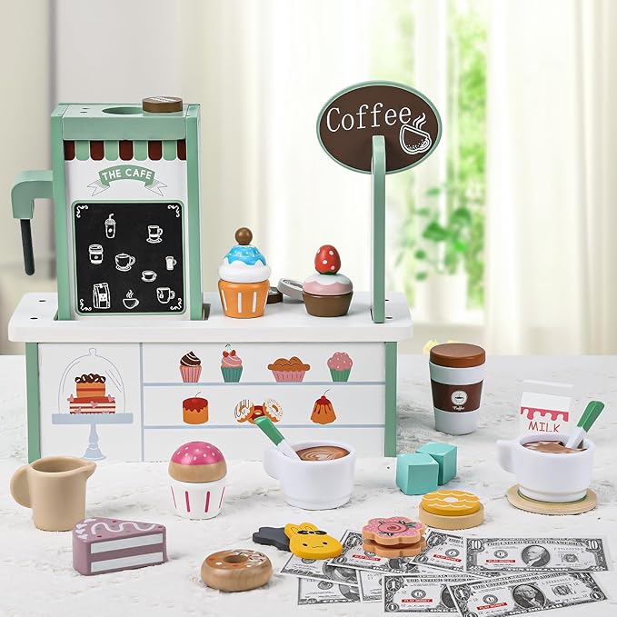 Toyssa Wooden Coffee Maker Playset for Kids 3 4 5, Pretend Play Food Toys for Toddlers with Dessert & Menu, Wooden Toys Play Kitchen Accessories Christmas Birthday Gift for Kids Girls Boys 3 4 5 6