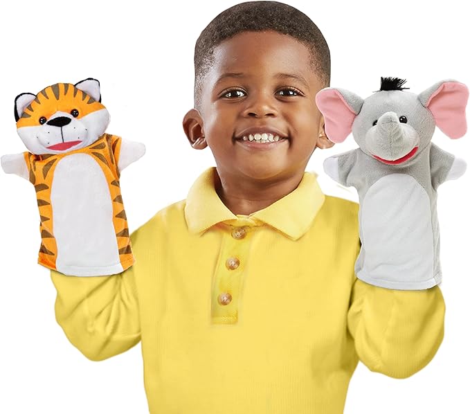 Melissa & Doug Safari Buddies Hand Puppets, Set of 6 (Elephant, Tiger, Parrot, Giraffe, Monkey, Zebra) Soft, Plush Animal Hand Puppets For Toddlers And Kids Ages 2+