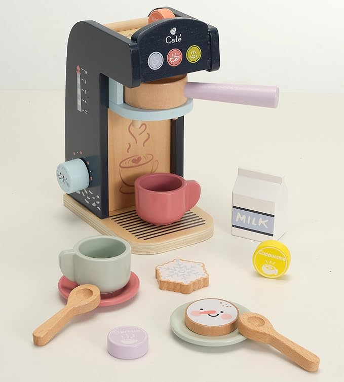 PairPear Kids Coffee Maker Wooden Kitchen Playset, Wooden Toys Play Coffee Maker Set with Play Food for Kids, Toddler Play Kitchen Accessories Gift for Girls and Boys 3+