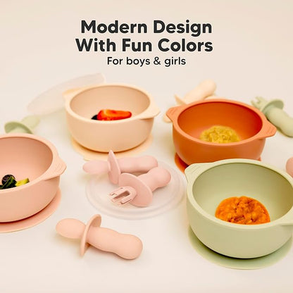 KeaBabies 4-Pack Silicone Baby Spoons and Forks Set - Baby Spoon Self Feeding, BLW Baby Utensils 6-12 Months, Baby Led Weaning Feeding Spoon,Teething Infant Baby First Food Training Pre Spoon (Mellow)