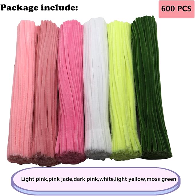 Swpohrat 600 Pcs Thick Craft Pipe Cleaners Bulk 6 Assorted Colors,12 Inch Chenille Stem Pipecleaner Kit for Craft Animals, Flowers Making,Creative DIY Decorations (Pink Flower Color)