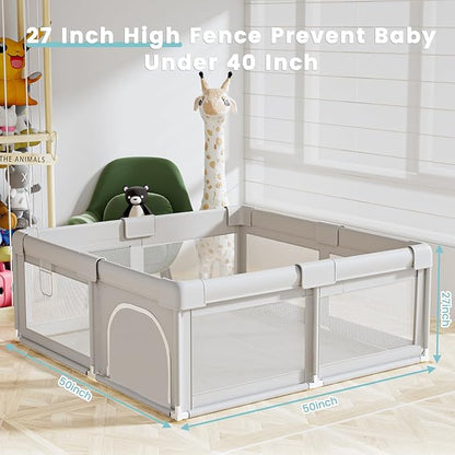 Hiaksedt 50 x 50 inch Baby Playpen with Ocean Balls and Pull Rings, Playpen for Babies and Toddlers, Baby Fence Playards, Safe Structure and Soft, Skin-Friendly Fabric with Zipper Gates.