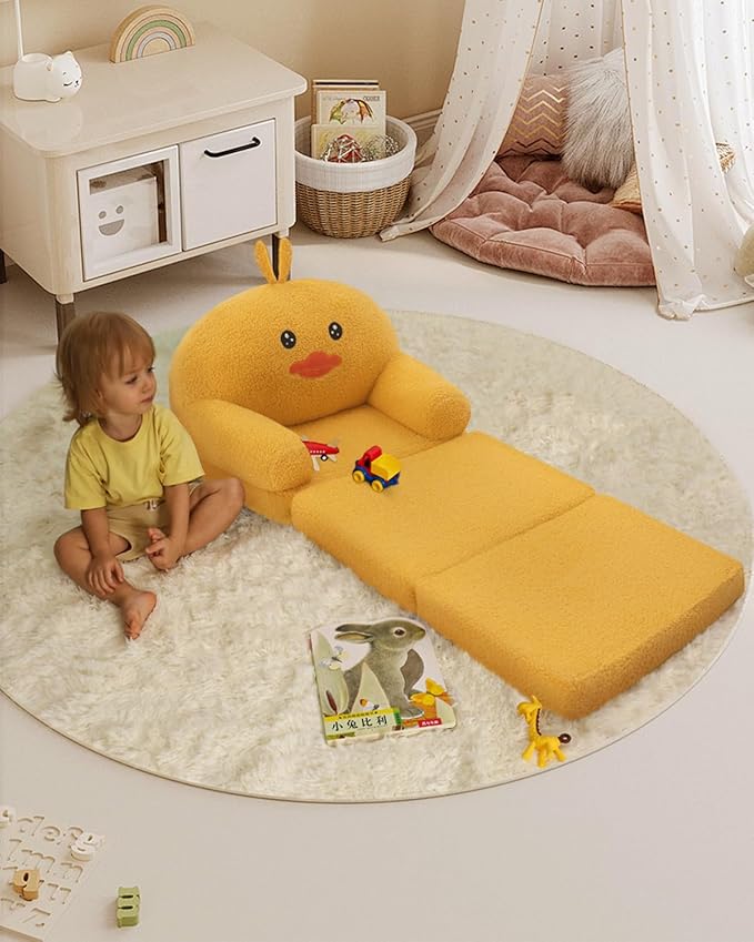 MOONBEEKI Comfy Toddler Chair, Kids Couch Fold Out to Lounger, Foldable Baby Sofa Plush for Girl and Boy Age 18 Months and Up （Duck）