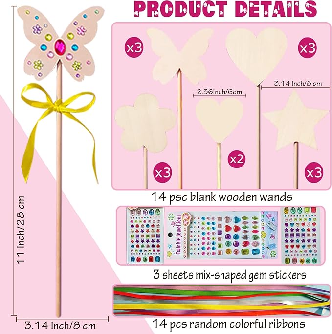 WUBOMJIO Princess Fairy Wands Craft Kit, Kid Birthday Party Supplies Make Your Own Magic Wands Include Unfinished Wooden Fairy Wands, Gem Stickers, Ribbons, Ideal for Kids 6+(14 PCS)