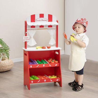 INFANS Grocery Store Marketplace Toy for Kids, Wooden Market Stand Pretend Play Set with 36 Cutting Vegetables Fruits Pieces, Role Food Shop Playset Gift for Boys Girls Ages 3+