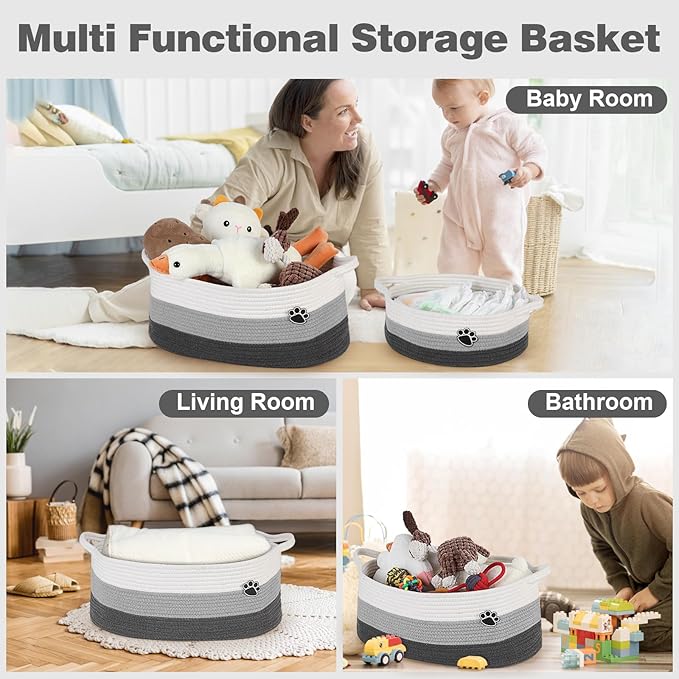 Optish Dog Toy Basket, Toy Box and Bin for Dog Cat Storage, 19.7" X 11" X 7.9" (30L) Large Woven Basket for Blanket Storage, Rope Baskets for Living Room, Bedroom, White & Grey