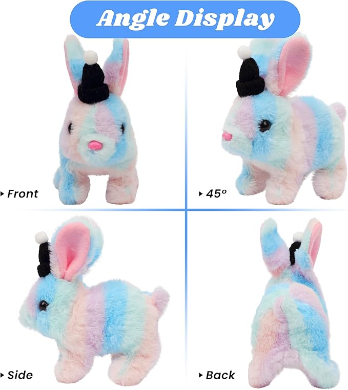 Hopearl Hopping Rabbit with Hat Interactive Electronic Pet Plush Bunny Toy with Sounds and Movements Animated Walking Wiggle Ears Twitch Nose Gift for Toddlers Birthday, Rainbow, 7''