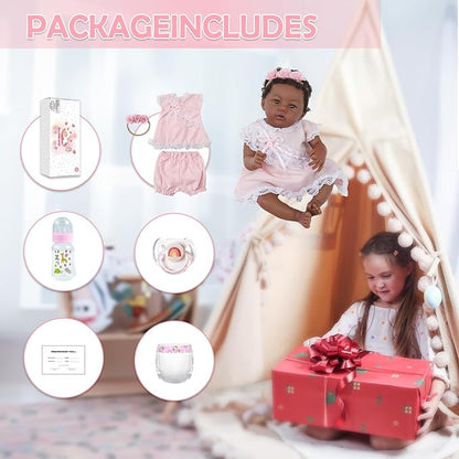 Reborn Baby Doll Black Girl – 18-Inch Realistic Lifelike African American Newborn Handmade Doll with Real Life Soft Weighted Body and Accessories – Gift Set for Kids Ages 3 and Up