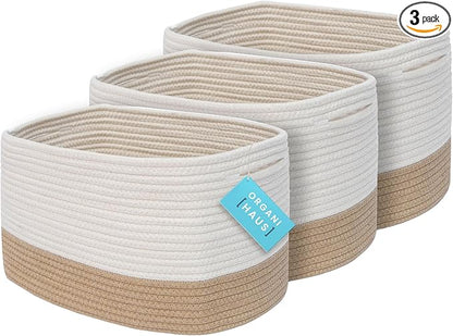 OrganiHaus Rope Baskets for Shelves - Set of 3 Woven Storage Baskets for Organizing, Closet & Toy Storage - Honey/Off-White - 15x9x10