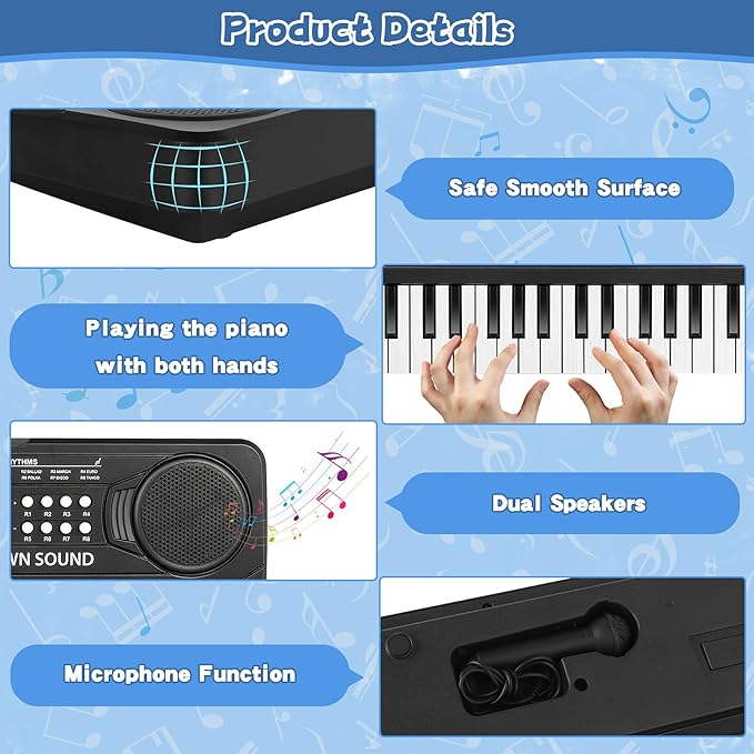 Kids Toddler Toy Piano Keyboard - 37 Key Pianos for Kid Music Toys Instruments with Microphone | Unlock Musical Fun, Perfect Birthday for 3-8 Year Old (Black)