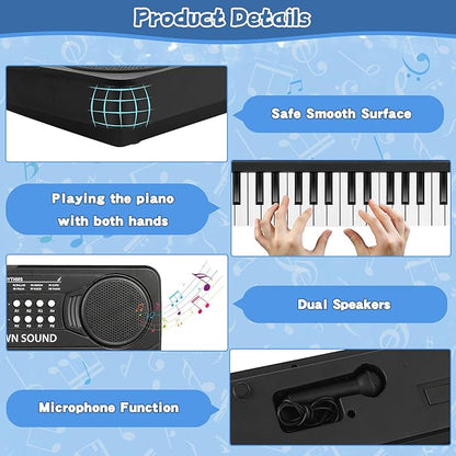 Kids Toddler Toy Piano Keyboard - 37 Key Pianos for Kid Music Toys Instruments with Microphone | Unlock Musical Fun, Perfect Birthday for 3-8 Year Old (Black)