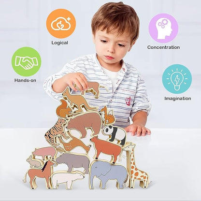 Xylolin Wooden Zoo Animal Blocks Stacking and Balancing Toy, Toddler Wood Animal Figures Blocks Imaginative Play, Preschool Educational Toys and Stack Balance Games for Kids